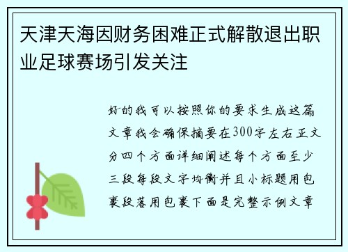 天津天海因财务困难正式解散退出职业足球赛场引发关注 天津天海因财务困难正式解散退出职业足球赛场引发关注